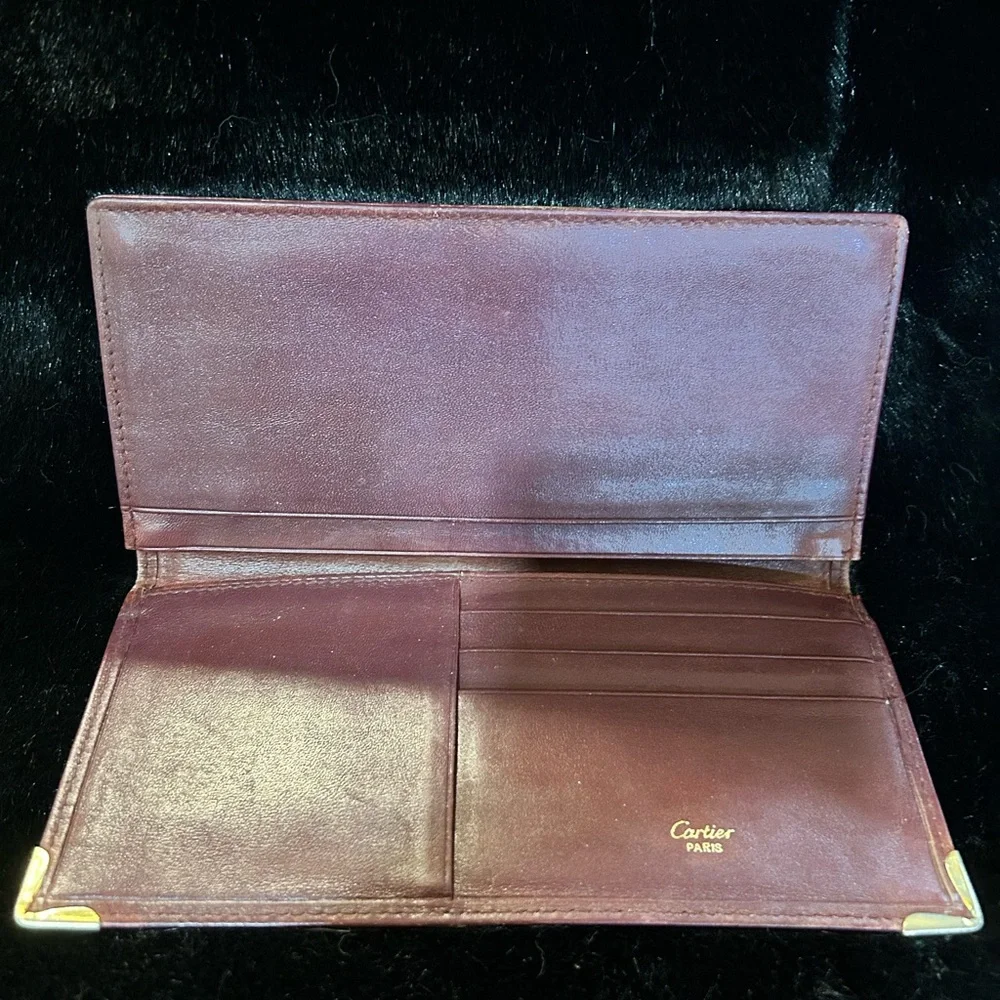Cartier Embossed Leather Long Wallet with Gold Corner Accents - Burgundy